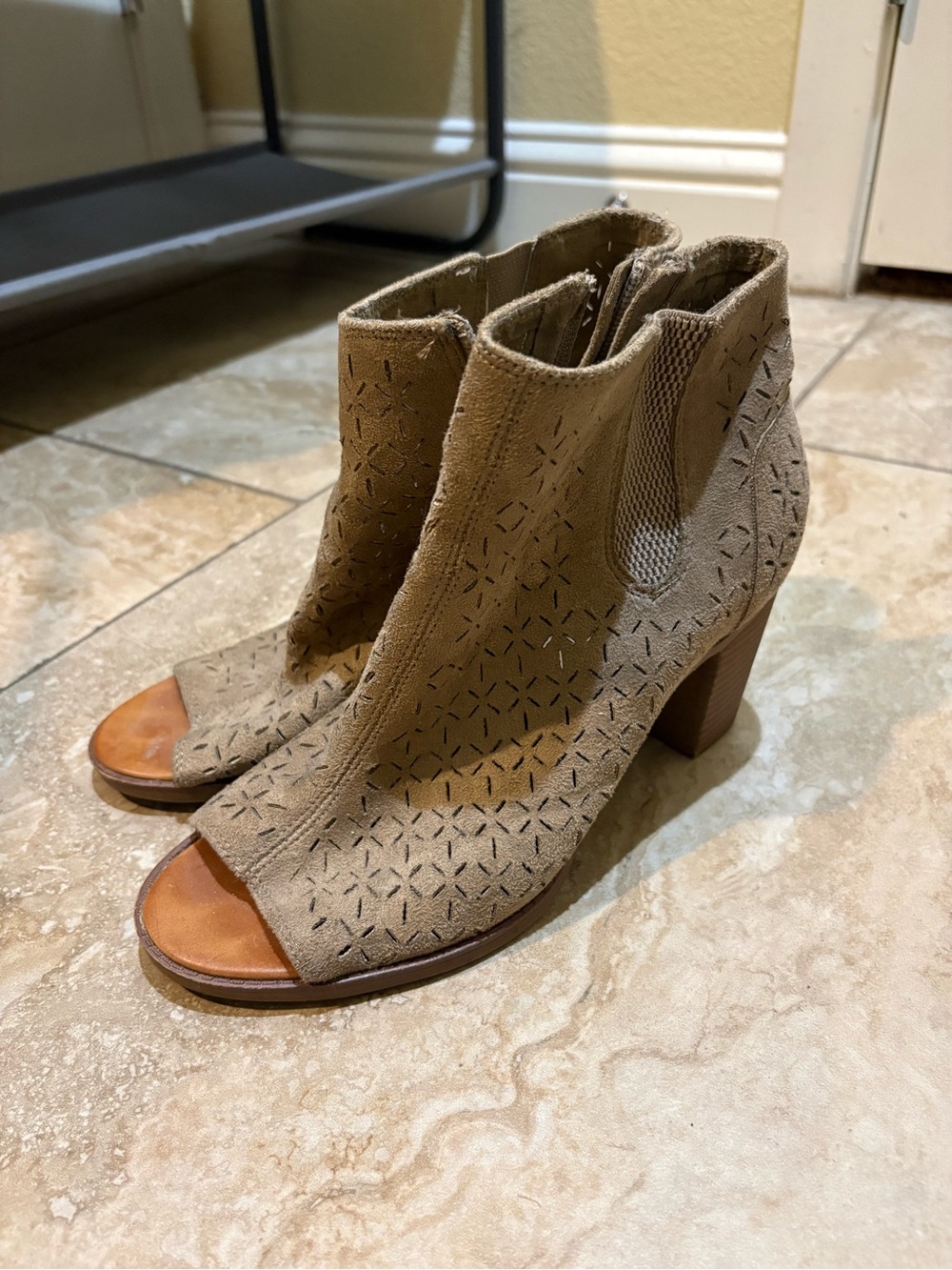 Rock & Candy Taupe Suede Peep-Toe Laser-Cut Ankle Booties